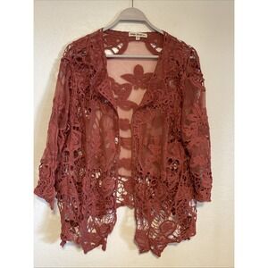 Woman's Coral Pink Indigo Thread Co Crochet Lace Top Size 1X 2X NEW